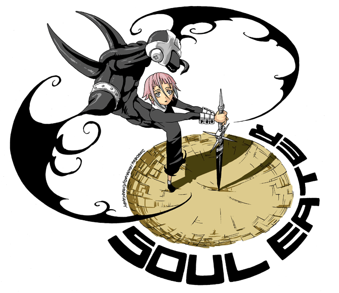 crona (soul eater), ragnarok (demon sword), soul eater, gender request, 00s, abs, androgynous, black dress, black skin, colored skin, copyright name, cuff links, dress, from above, full body, green eyes, high collar, long sleeves, looking at viewer, looking up, muscular, pink hair, short hair, spikes, sword, tongue, tongue out, weapon, wings, x x