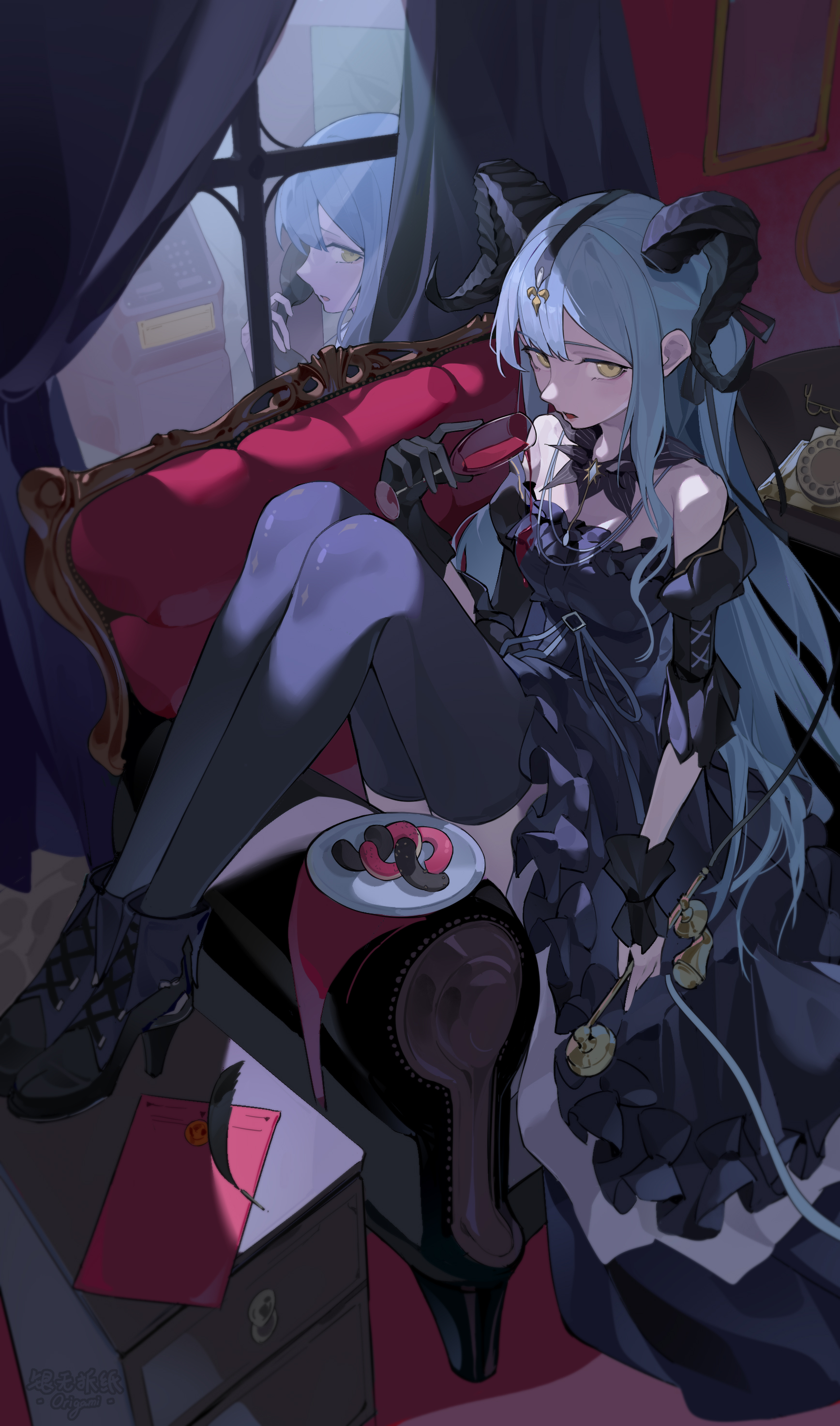 origami42169025, togawa sakiko, arknights, bang dream!, bang dream! it's mygo!!!!!, absurdres, highres, 1girl, ankle boots, armchair, black dress, black gloves, black thighhighs, blue hair, boots, chair, cup, different reflection, donut, dress, drinking glass, food, full body, gloves, high heel boots, high heels, horns, indoors, long hair, looking at viewer, plate, reflection, single glove, sitting, sitting sideways, solo, thighhighs, togawa sakiko (master of melodia), very long hair, window, wine glass, yellow eyes