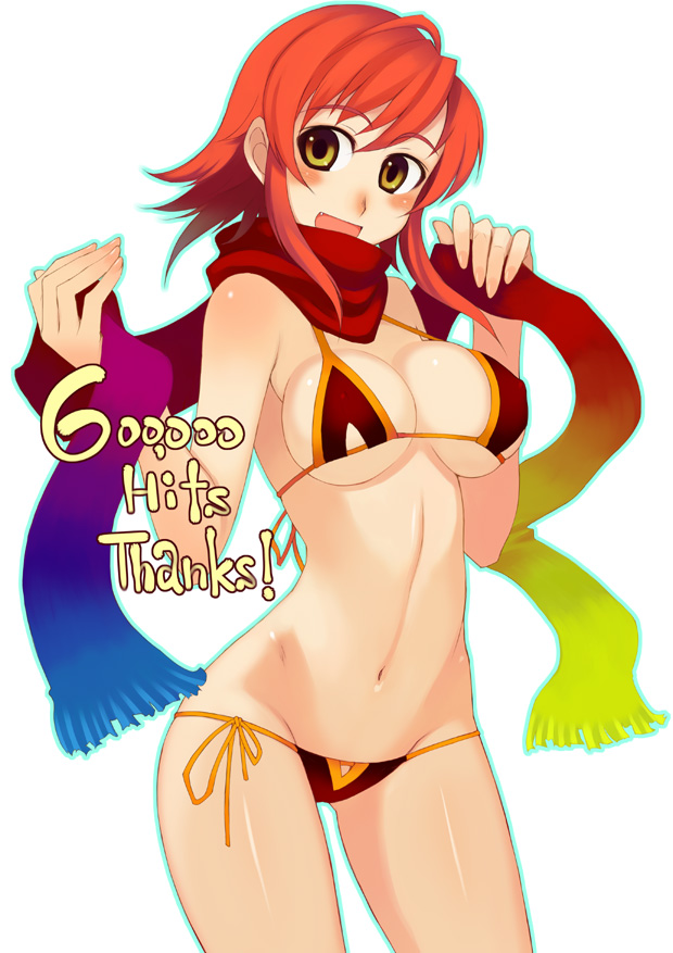 kusanagi tonbo, original, 1girl, bikini, breasts, brown eyes, female focus, happy, lowleg, lowleg bikini, red hair, scarf, short hair, side-tie bikini bottom, solo, swimsuit