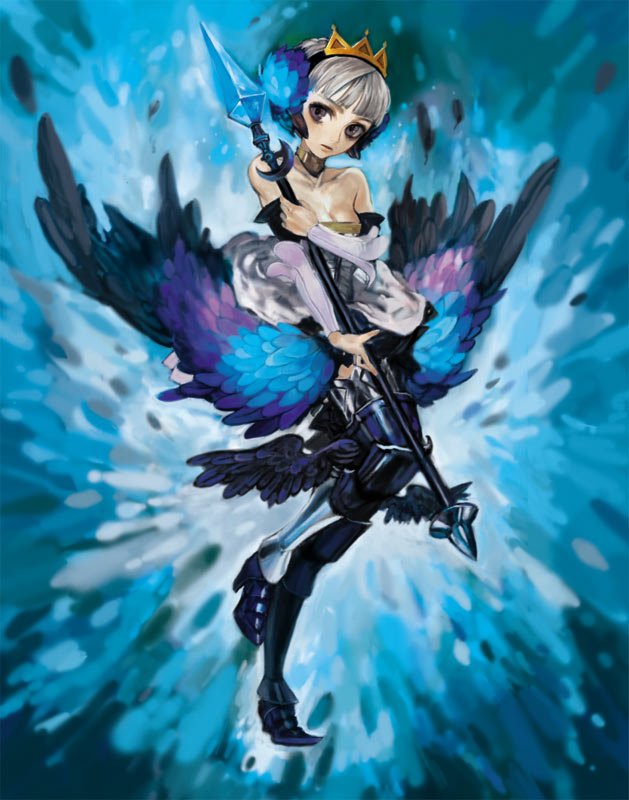 tomatika, gwendolyn (odin sphere), odin sphere, silver hair, bad id, bad pixiv id, 1girl, armor, armored dress, bare shoulders, blonde hair, blue background, blue theme, choker, crown, detached sleeves, dress, female focus, grey eyes, hat, leg wings, low wings, polearm, short hair, solo, spear, staff, strapless, strapless dress, weapon, wings