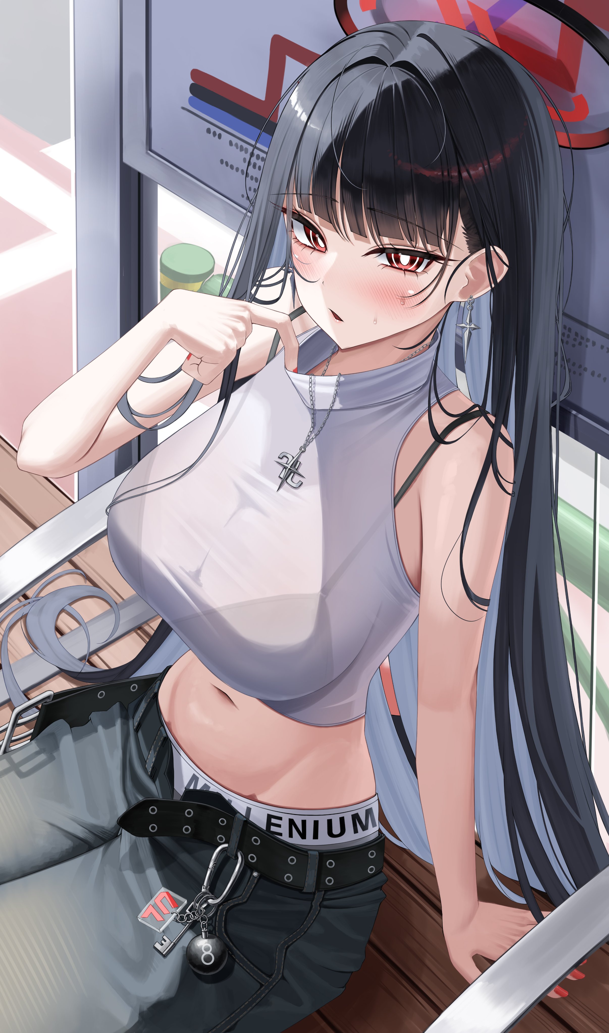 hsxxx, rio (blue archive), blue archive, absurdres, commentary request, highres, 1girl, adjusting collar, belt, black bra, black hair, black halo, black pants, blush, bra, breasts, bright pupils, carabiner, cleavage, crop top, day, earrings, halo, hand up, jewelry, key, large breasts, long hair, looking at viewer, multicolored halo, navel, open belt, outdoors, pants, parted lips, red eyes, red halo, see-through clothes, sitting, sleeveless, small sweatdrop, solo, sports panties, stomach, two-tone halo, underwear, very long hair