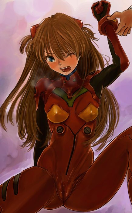 kito (coyo), souryuu asuka langley, neon genesis evangelion, bad id, bad pixiv id, 1girl, ;o, arm behind back, arm up, blue eyes, blush, bodysuit, bracer, breasts, breath, brown hair, cameltoe, clenched hand, covered erect nipples, gloves, green eyes, hair between eyes, hair ornament, heavy breathing, hip focus, holding another's wrist, knee up, long hair, mecha pilot suit, medium breasts, one eye closed, open mouth, orange hair, plugsuit (evangelion), red hair, sitting, skin tight, solo focus, spread legs, tight clothes, turtleneck, two side up, wince, wink