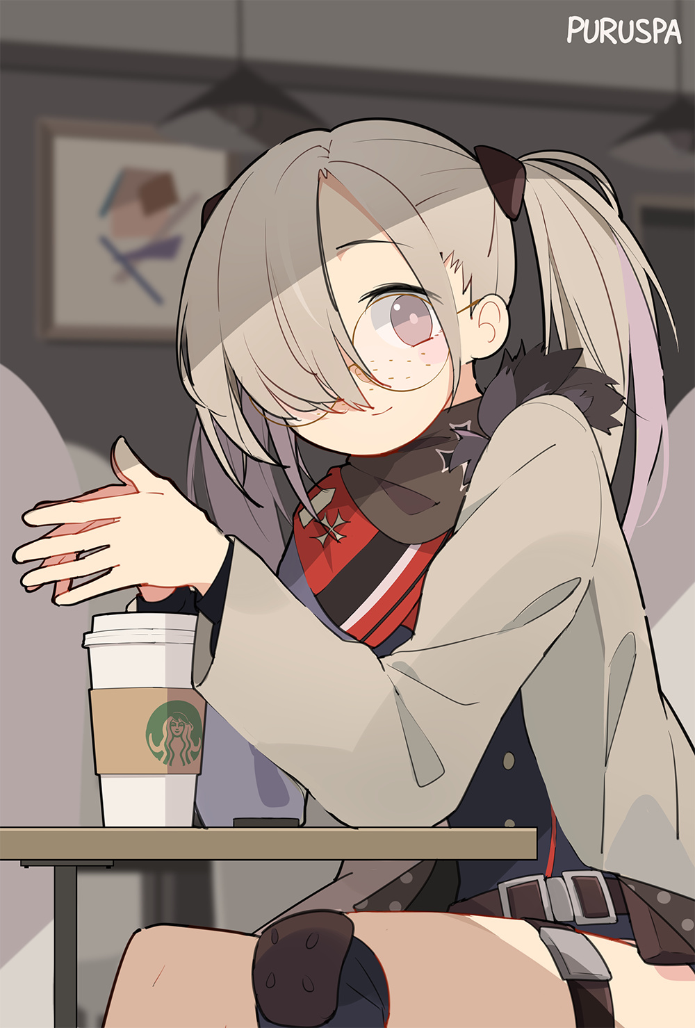 girls' frontline, starbucks, highres, 1girl, 33puruspa, belt, coffee, sitting, smile, solo, twintails