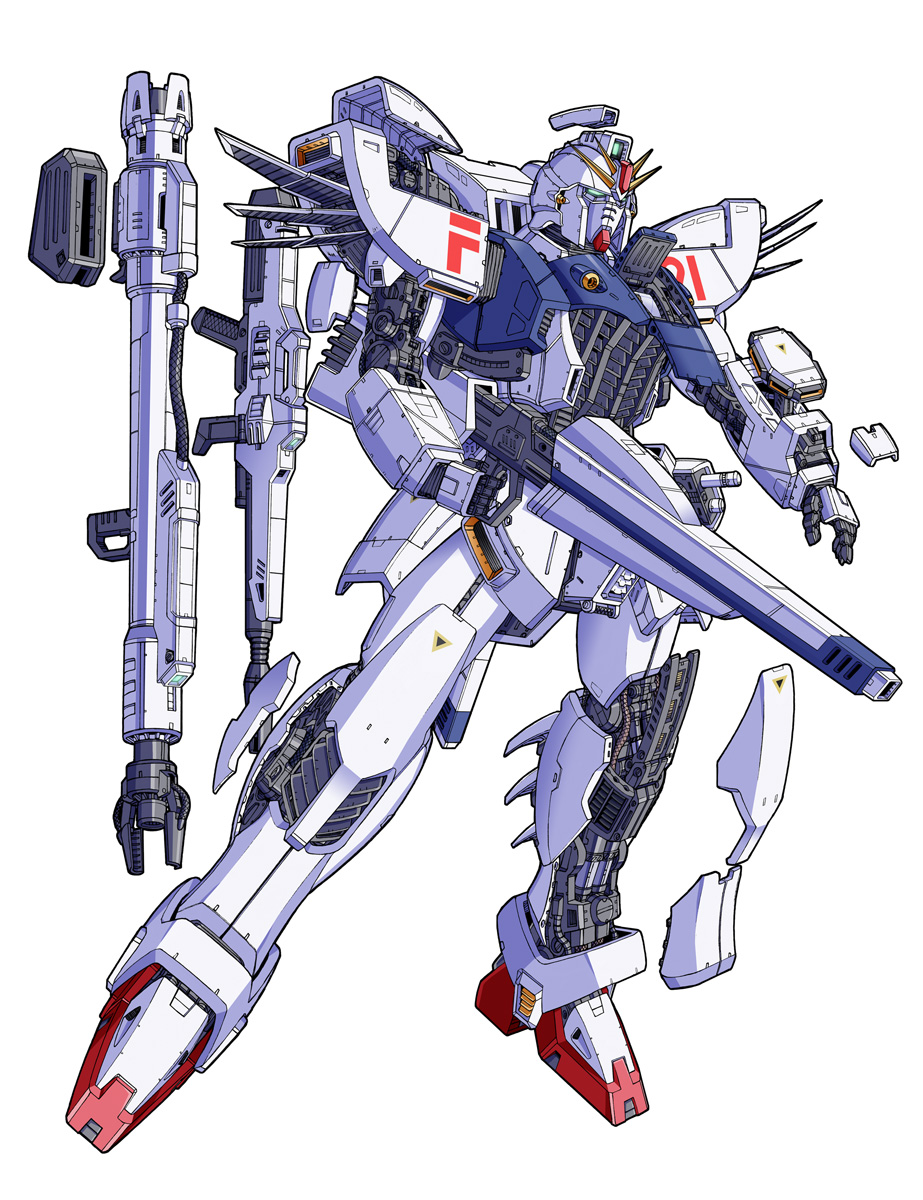 s.shimizu, f91 gundam, comiket 93, gundam, gundam f91, commentary request, highres, beam rifle, cable, earth federation, energy gun, green eyes, machinery, mecha, mecha focus, mobile suit, no humans, robot, roundel, science fiction, v-fin, weapon, white background