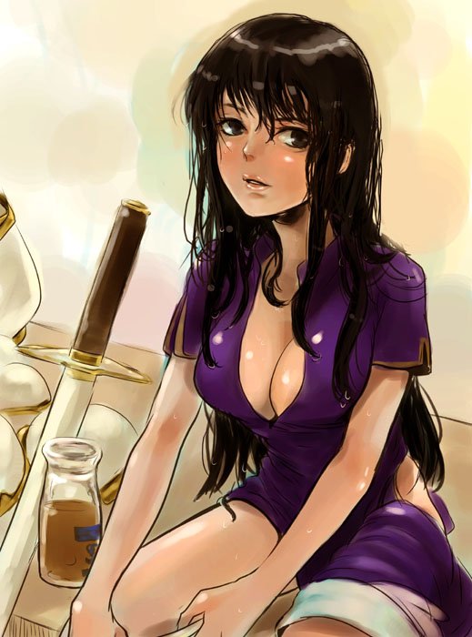 kito (coyo), fire emblem, nintendo, bad id, bad pixiv id, 1girl, black eyes, black hair, breasts, cleavage, female focus, lips, sitting, solo, sword, weapon, wet, wet hair