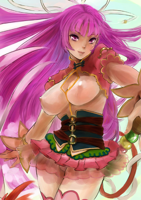 kito (coyo), keikoku, keikoku (rance), rance (series), sengoku rance, bad id, bad pixiv id, 1girl, breasts, corset, female focus, large breasts, miniskirt, purple eyes, purple hair, see-through clothes, skirt, solo, thighhighs