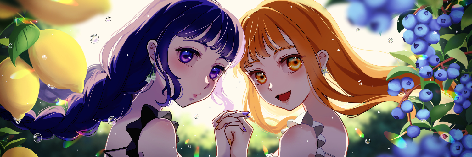 amanegi toro, original, 1girl, blueberry, brown hair, closed mouth, dress, food, fruit, happy, lemon, long hair, looking at viewer, open mouth, orange eyes, orange hair, purple eyes, purple hair, smile, upper body