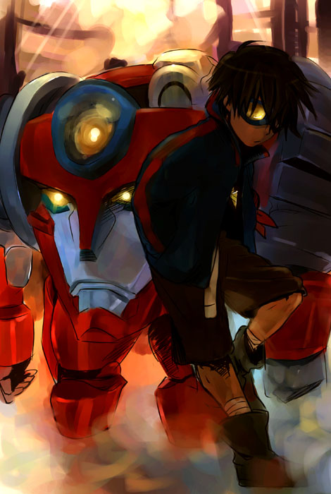 kito (coyo), lagann, simon (ttgl), tengen toppa gurren lagann, 00s, 1boy, ankle boots, backlighting, bandaged leg, bandages, black hair, blue-framed eyewear, blue jacket, boots, brown boots, brown shorts, closed mouth, drill, expressionless, glowing, glowing eyes, goggles, hands in pockets, jacket, jewelry, leg up, light rays, male focus, mecha, necklace, open clothes, open jacket, robot, shorts, solo, standing, standing on one leg, sunbeam, sunlight, yellow eyes