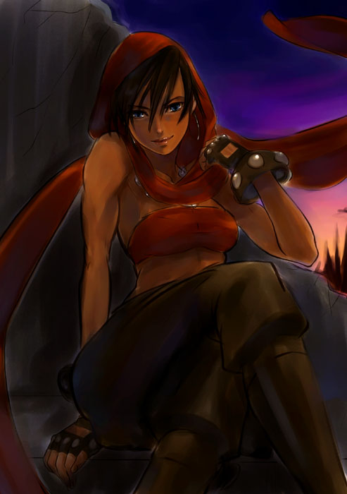 kito (coyo), moriah (chronicles of mystara), capcom, dungeons & dragons: chronicles of mystara, bad id, bad pixiv id, 1girl, blue eyes, brown hair, dark-skinned female, dark skin, female focus, gloves, outdoors, scarf, solo