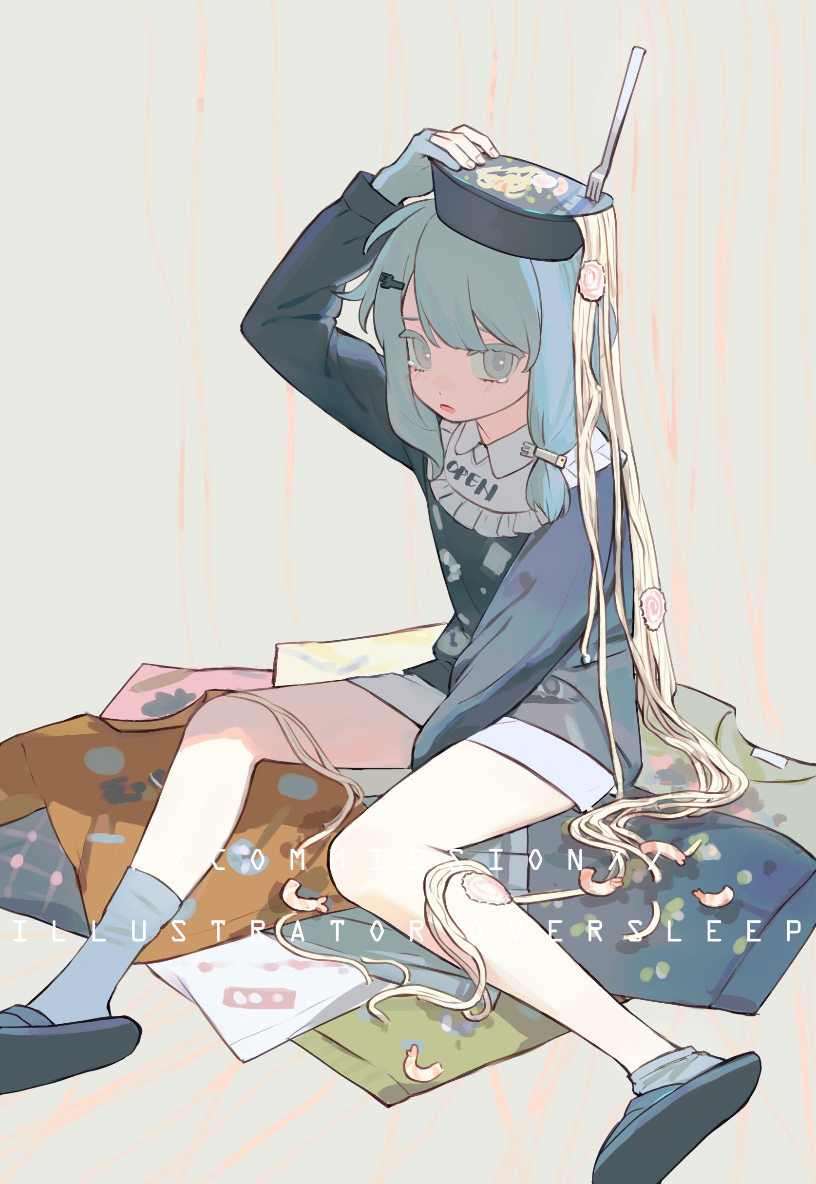 oversleep, original, absurdres, highres, 1girl, arm up, blue dress, blue eyes, blue hair, blue socks, clothing aside, collared shirt, cup ramen, dress, food, fork, hair between eyes, hair ornament, hand on own head, long hair, long sleeves, looking at viewer, noodles, on floor, open mouth, ribbed dress, shirt, sitting, slippers, socks, sweater
