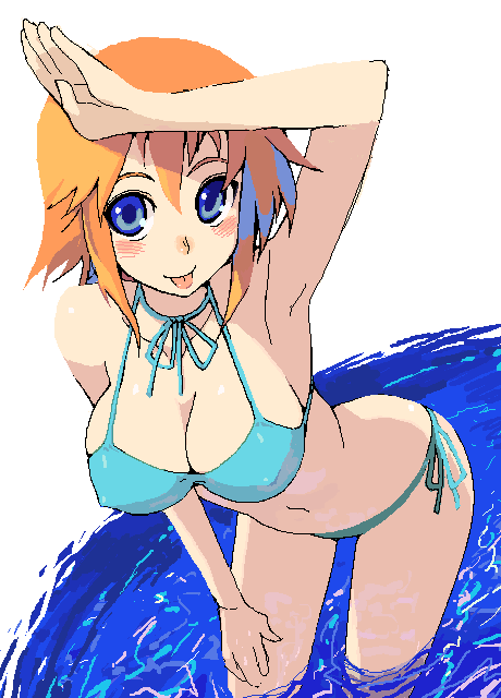 kusanagi tonbo, original, 1girl, :p, aqua bikini, armpits, bikini, blue eyes, blush, breasts, cleavage, female focus, oekaki, orange hair, short hair, side-tie bikini bottom, solo, swimsuit, tongue, tongue out, wading, water, white background