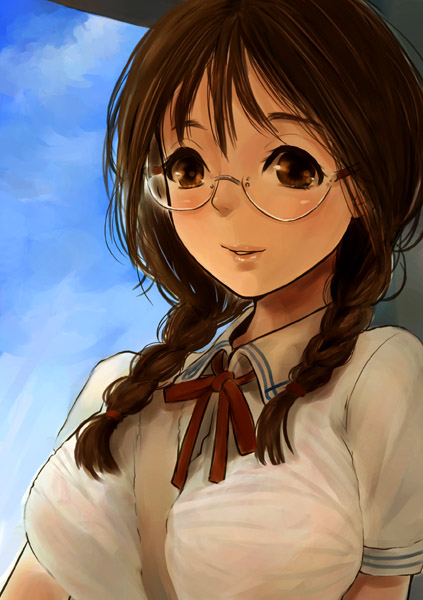 kito (coyo), original, bad id, bad pixiv id, 1girl, braid, brown eyes, brown hair, female focus, glasses, hair over shoulder, school uniform, serafuku, solo, twin braids