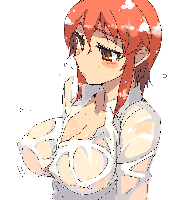 kusanagi tonbo, original, blush, breasts, brown eyes, huge breasts, oekaki, red hair, see-through clothes, shirt, simple background, solo, wet, wet clothes, wet shirt, white background