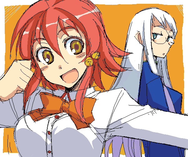 kusanagi tonbo, original, aqua eyes, blush, brown eyes, colored eyelashes, glasses, happy, long hair, oekaki, red hair, short hair, white hair