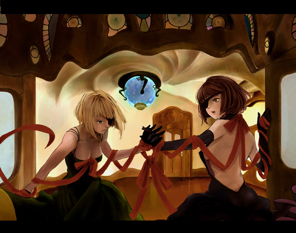 kito (coyo), kito (pixiv5428), original, bad id, bad pixiv id, 2girls, blonde hair, blue eyes, breasts, brown eyes, brown hair, elbow gloves, eyepatch, gloves, letterboxed, multiple girls, ribbon, sideboob