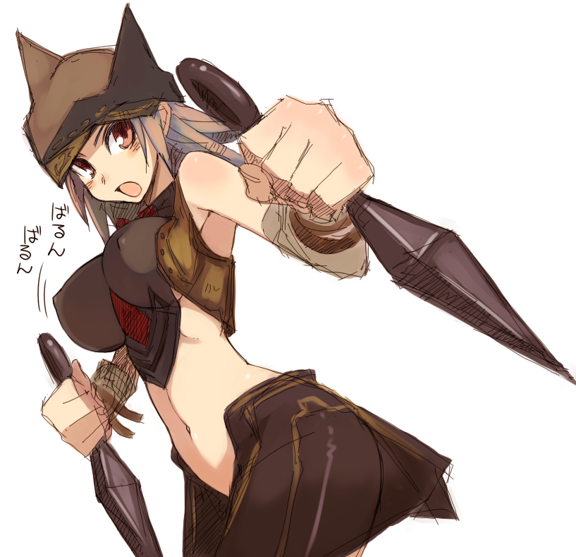 kusanagi tonbo, original, 1girl, blush, female focus, hat, helmet, kunai, midriff, oekaki, open mouth, red eyes, reverse grip, short hair, simple background, solo, weapon, white background