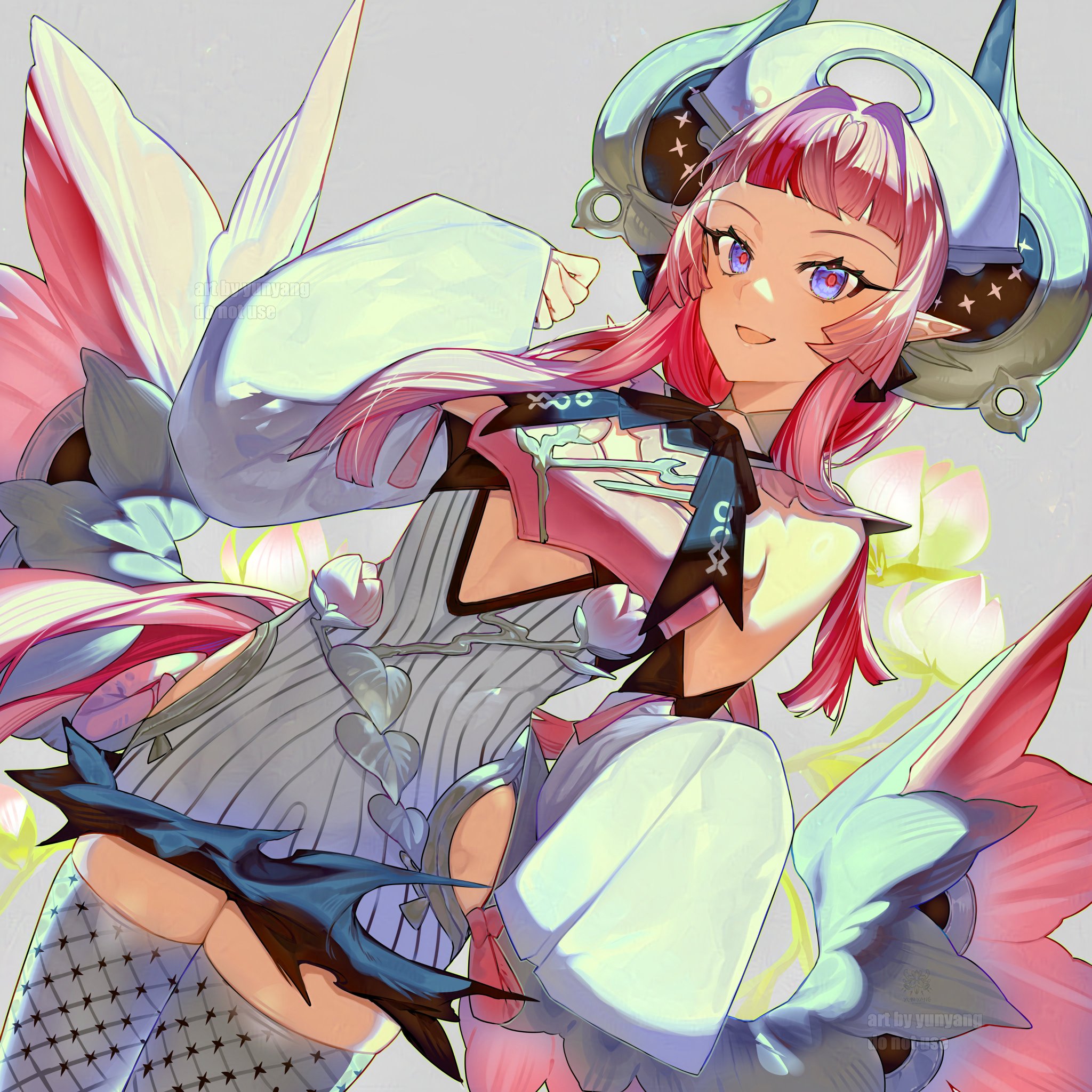 yun-yang, original, highres, 1girl, bare shoulders, black dress, black sleeves, black thighhighs, blue eyes, breasts, cleavage cutout, clothing cutout, cowboy shot, detached sleeves, dress, flower, from below, grey background, hair over shoulder, hat, long hair, long sleeves, multicolored dress, multicolored sleeves, multicolored thighhighs, open mouth, pointy ears, red flower, red hair, red pupils, side cutout, sidelocks, simple background, small breasts, solo, thighhighs, two-tone dress, two-tone sleeves, two-tone thighhighs, white dress, white hat, white sleeves, white thighhighs