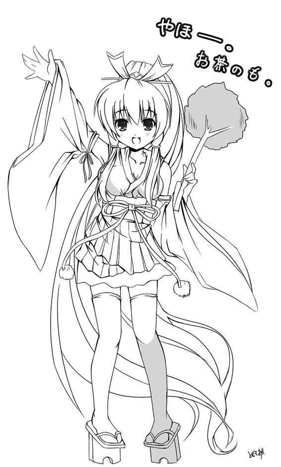 tomusooya, fuuki-tan, original, 1girl, adapted uniform, alternate hair length, alternate hairstyle, armpits, breasts, cleavage, female focus, geta, greyscale, hakama, hakama short skirt, hakama skirt, high ponytail, japanese clothes, lolita fashion, long hair, miko, miniskirt, monochrome, pom pom (clothes), ponytail, simple background, skirt, solo, standing, tengu-geta, thighhighs, very long hair, wa lolita, zettai ryouiki