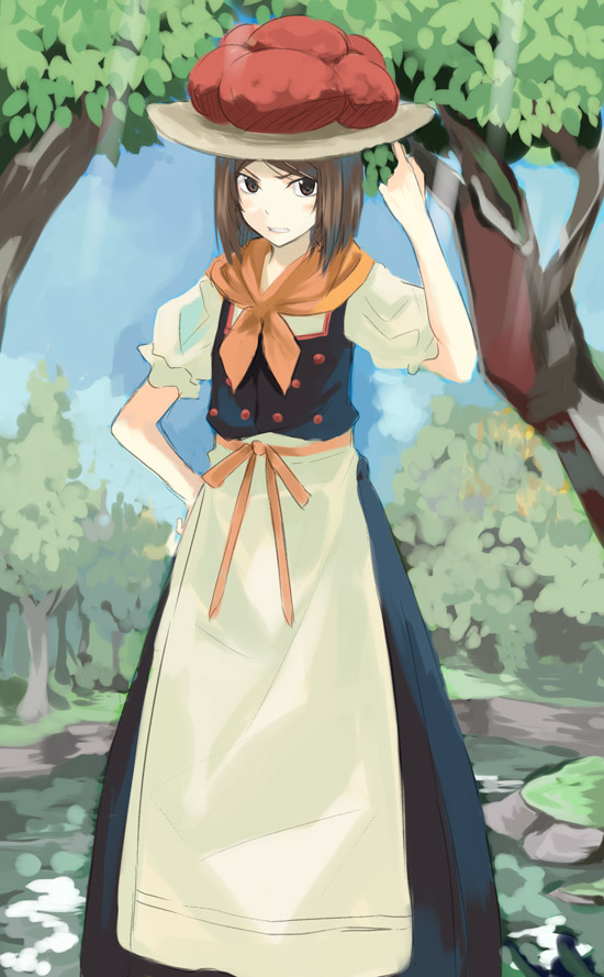 kabocha, kabocha (monkey4), 1girl, apron, brown eyes, brown hair, female focus, short hair, solo, tree
