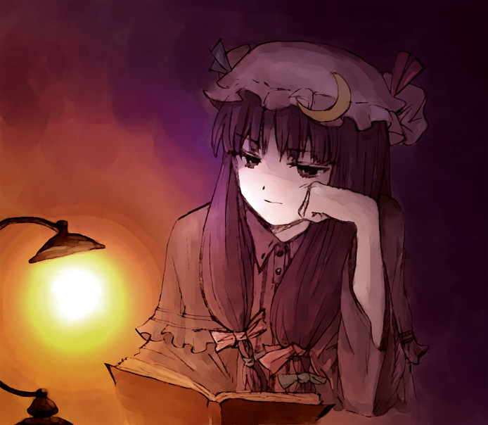 shippori, shishou, patchouli knowledge, touhou, 1girl, book, bow, crescent, desk lamp, expressionless, female focus, frills, hair bow, hat, holding, holding book, lamp, long hair, long sleeves, low-tied long hair, mob cap, open book, reading, red bow, solo, upper body