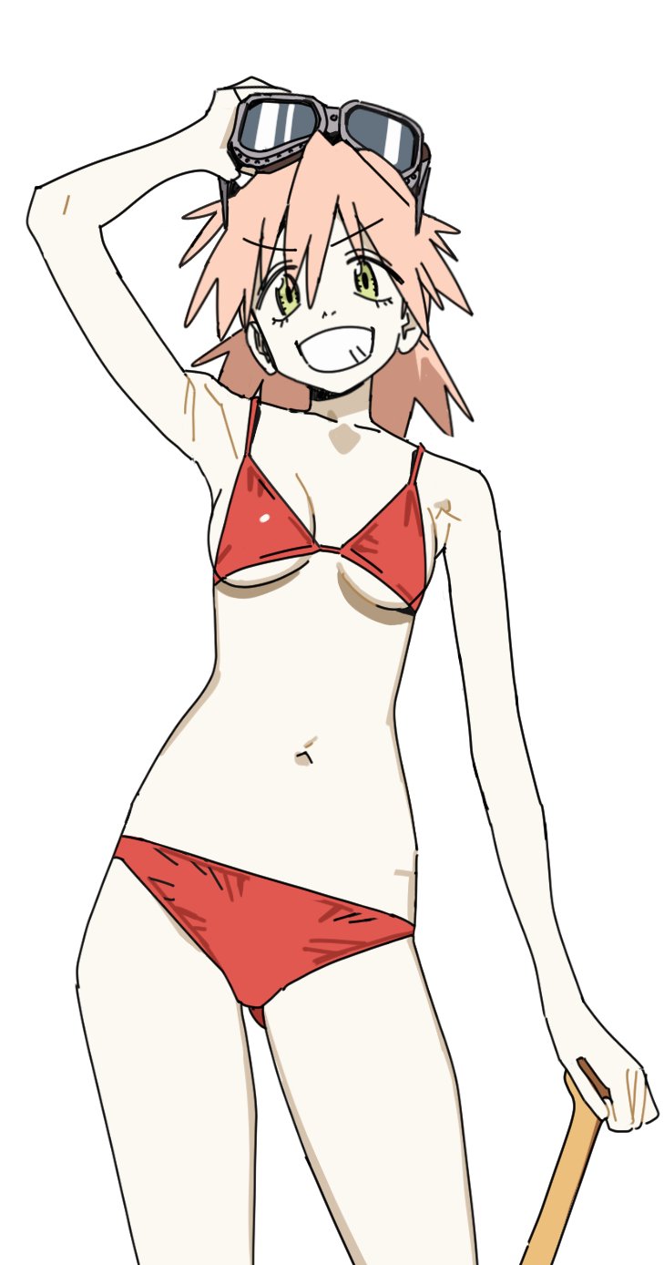 imamura ryou, haruhara haruko, flcl, highres, 1girl, bare arms, bare shoulders, bikini, breasts, eyewear on head, goggles, grin, looking at viewer, pink hair, red bikini, short hair, smile, solo, standing, string bikini, swimsuit, teeth, yellow eyes