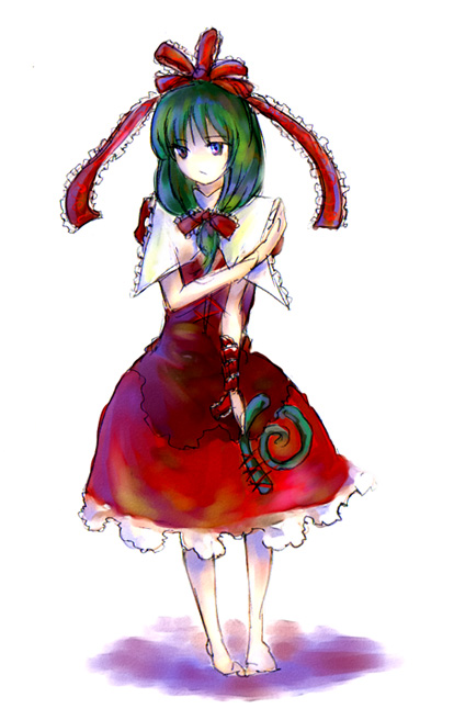 shippori, shishou, kagiyama hina, touhou, 1girl, barefoot, bow, bowtie, collar, dress, female focus, frills, front ponytail, full body, green eyes, green hair, hair bow, looking at viewer, matching hair/eyes, red bow, red bowtie, red dress, short hair, simple background, solo, standing, white background