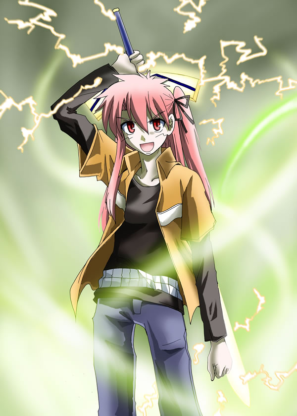 limit break, emiya shirou, shirouko, fate/stay night, fate (series), gender request, 00s, 1girl, body switch, casual, denim, excalibur (fate/stay night), female focus, genderswap, gradient background, jeans, pants, personality switch, pink hair, red eyes, solo, sword, weapon