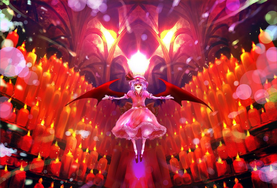 shippori, shishou, remilia scarlet, touhou, silver hair, 1girl, bat wings, candle, female focus, fire, flying, indoors, looking at viewer, outstretched arms, puffy short sleeves, puffy sleeves, red eyes, short hair, short sleeves, solo, spikes, vampire, wax, wings