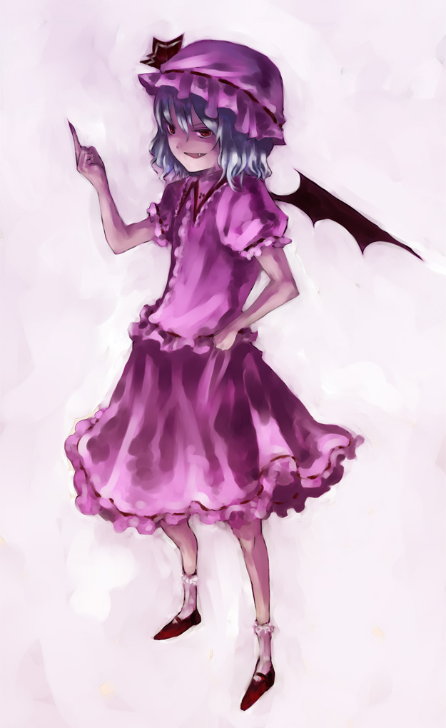 shippori, shishou, remilia scarlet, touhou, silver hair, 1girl, collar, dress, female focus, frills, full body, hand on own hip, hat, kneehighs, looking at viewer, middle finger, mob cap, pink dress, pink hat, puffy short sleeves, puffy sleeves, red eyes, red shoes, shoes, short hair, short sleeves, simple background, socks, solo, standing, white background, white socks, wings