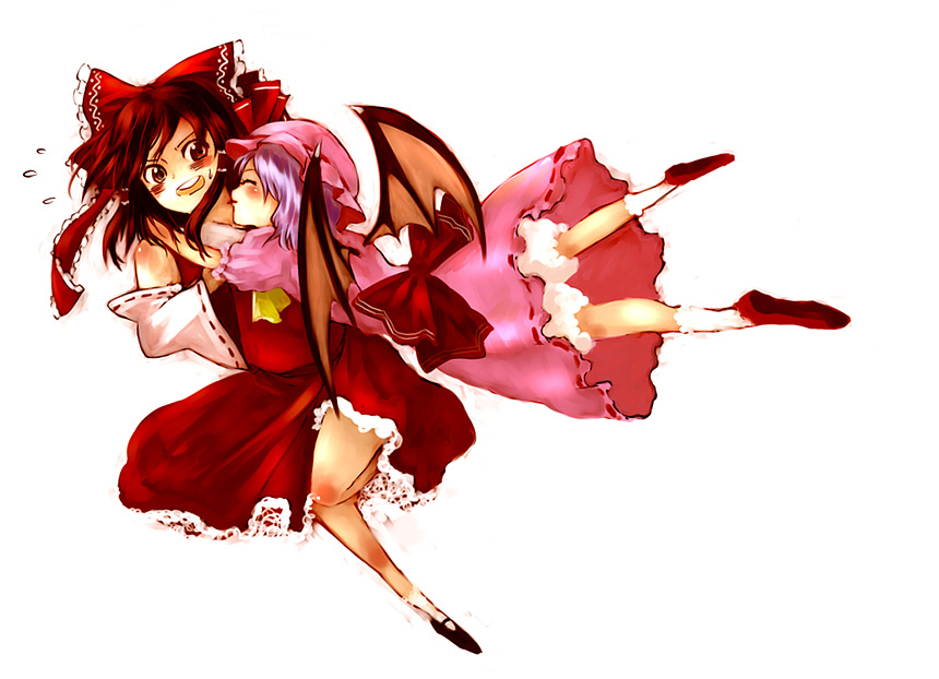 shippori, shishou, hakurei reimu, remilia scarlet, touhou, 2girls, :d, bat wings, bow, dimples of venus, dress, female focus, flying, full body, hair bow, hair tubes, hug, multiple girls, open mouth, pink dress, puffy short sleeves, puffy sleeves, red bow, red dress, short sleeves, sidelocks, smile, white background, wings, yuri