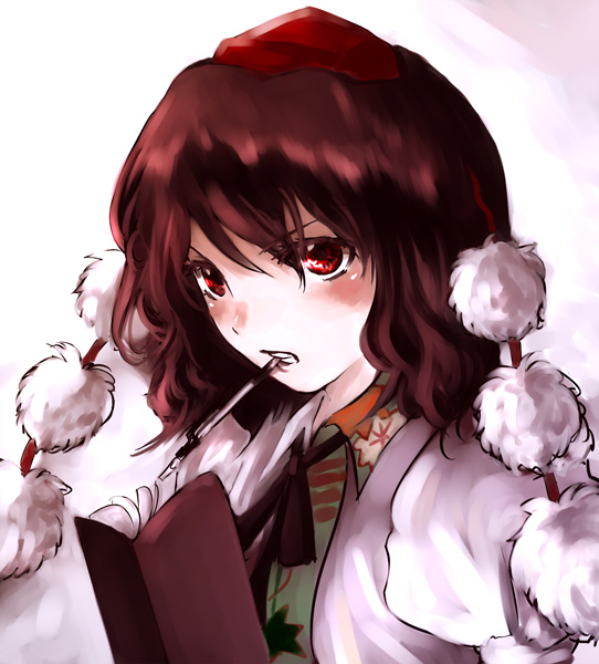 shippori, shishou, shameimaru aya, touhou, looking away, 1girl, blush, female focus, hat, looking up, mouth hold, serious, solo