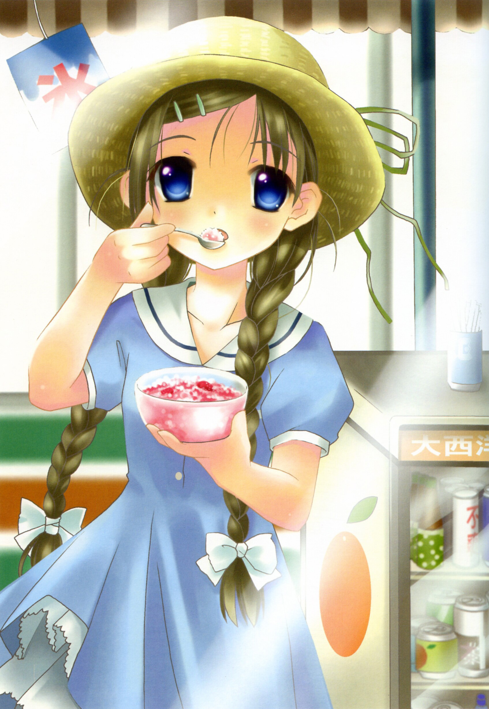 posh, absurdres, highres, 1girl, blue dress, blue eyes, blush, bow, braid, brown hair, can, collarbone, dress, drink can, eating, food, hair bow, hair ornament, hairclip, hat, holding, light rays, long hair, looking at viewer, open mouth, puffy sleeves, school uniform, shaved ice, short sleeves, soda can, spoon, standing, straw hat, sunbeam, sunlight, twin braids