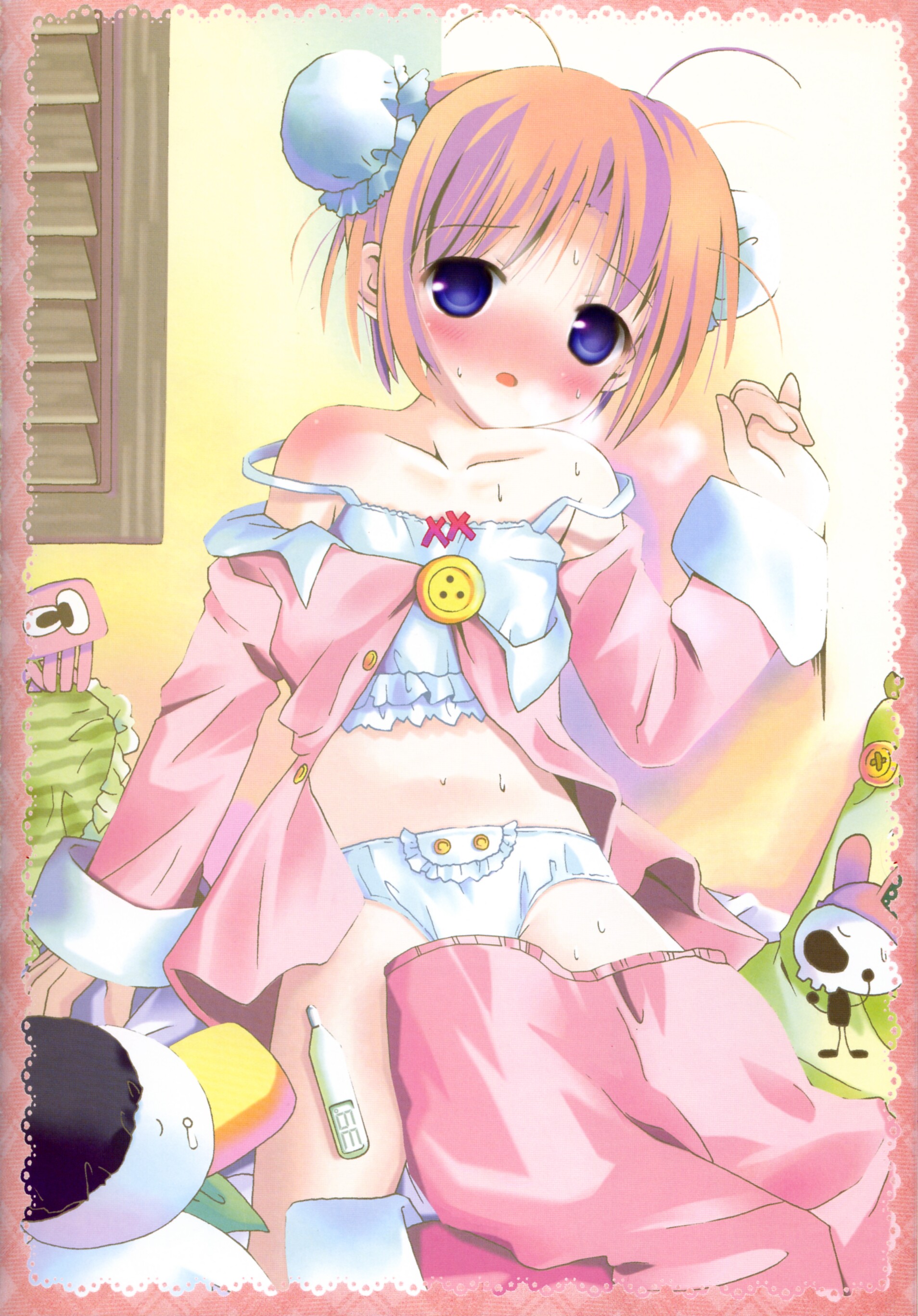 posh, ah-kun, nijihara ink, moetan, absurdres, highres, 00s, 1girl, animal, bird, blue eyes, blush, brown hair, camisole, collarbone, creature, double bun, duck, female focus, hair bun, loli, long sleeves, looking at viewer, midriff, navel, open clothes, open mouth, open shirt, pajamas, panties, pillow, pink shirt, shirt, sick, skull, solo, strap slip, sweat, thermometer, underwear, white camisole, white panties