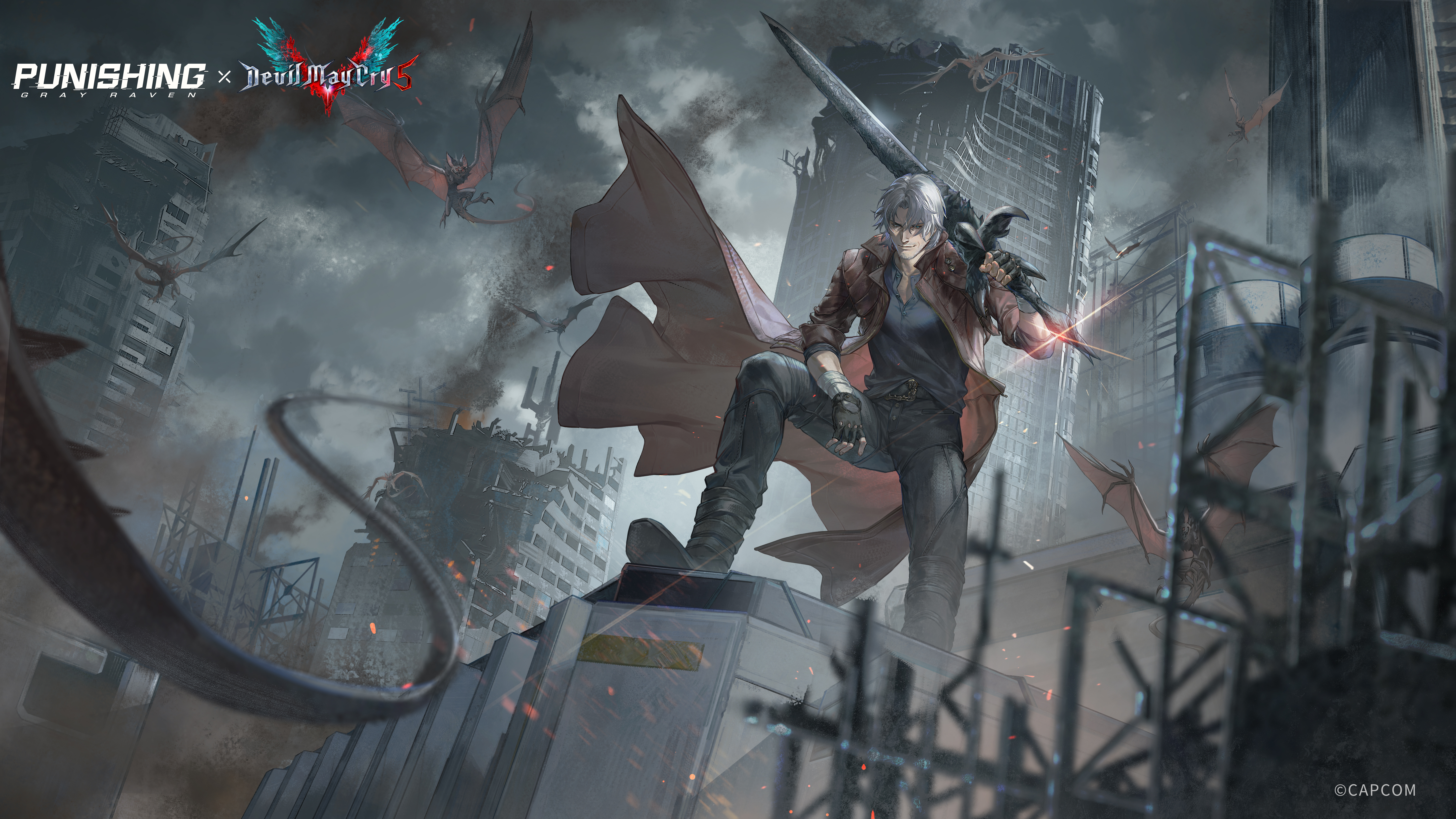dante (devil may cry), devil may cry (series), devil may cry 5, punishing: gray raven, absurdres, highres, official art, 1boy, belt, black gloves, blue eyes, closed mouth, coat, devil sword dante, facial hair, fingerless gloves, gloves, holding, holding weapon, jacket, male focus, pants, red coat, short hair, smile, solo, sword, weapon, white hair