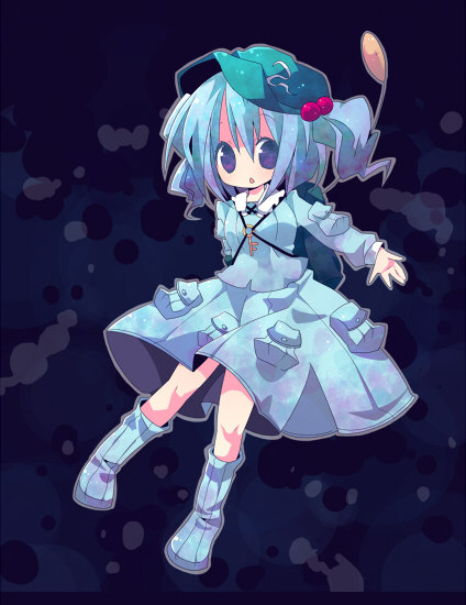 ana (rznuscrf), kawashiro nitori, touhou, 1girl, :o, blue hair, boots, cattail, female focus, hair bobbles, hair ornament, hat, key, no pupils, outstretched arm, plant, pocket, purple eyes, short hair, solo, twintails, two side up