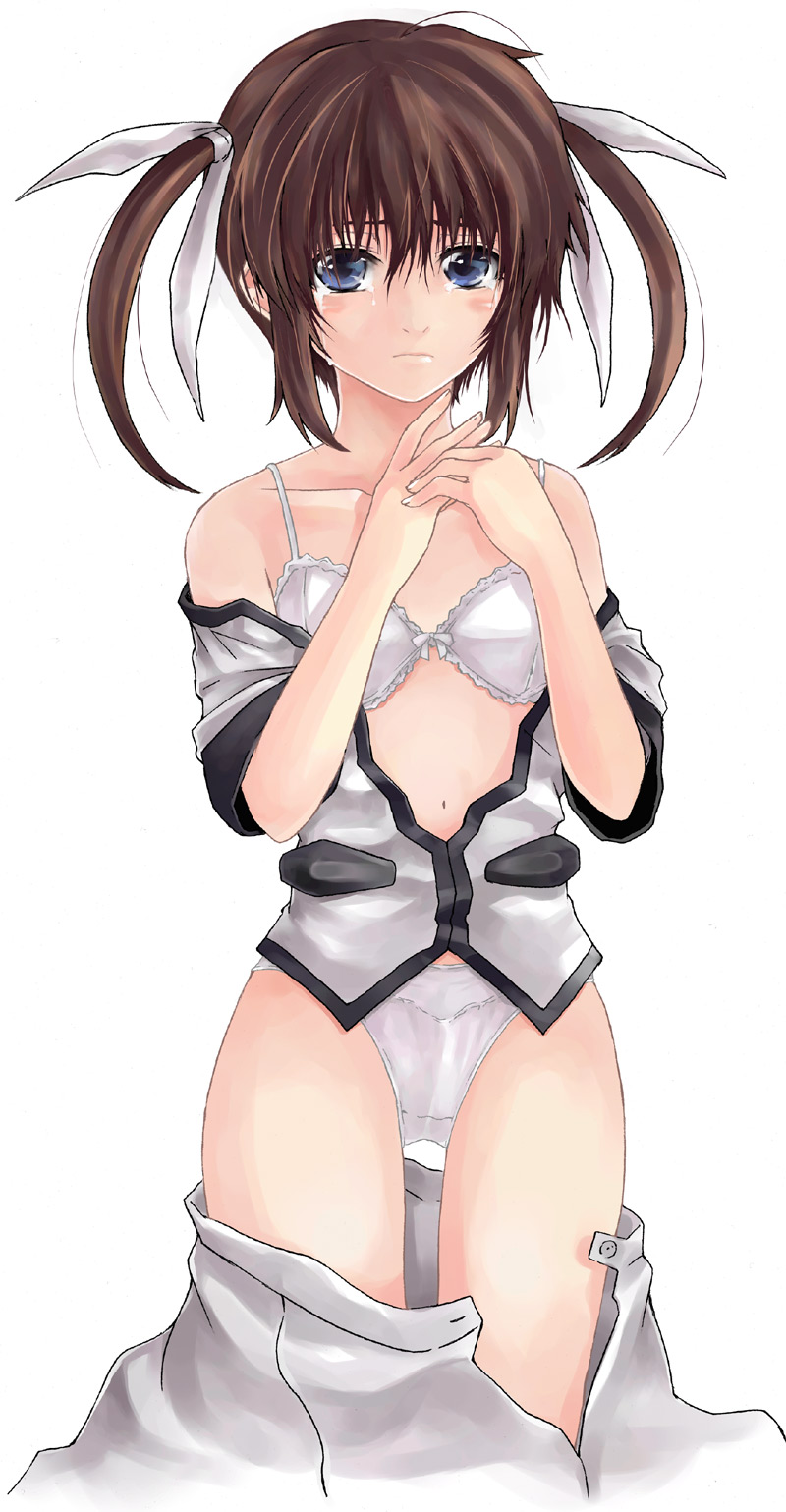 raid slash, takamachi nanoha, lyrical nanoha, mahou shoujo lyrical nanoha, mahou shoujo lyrical nanoha strikers, highres, 00s, bra, brown hair, lingerie, panties, tears, twintails, underwear, undressing