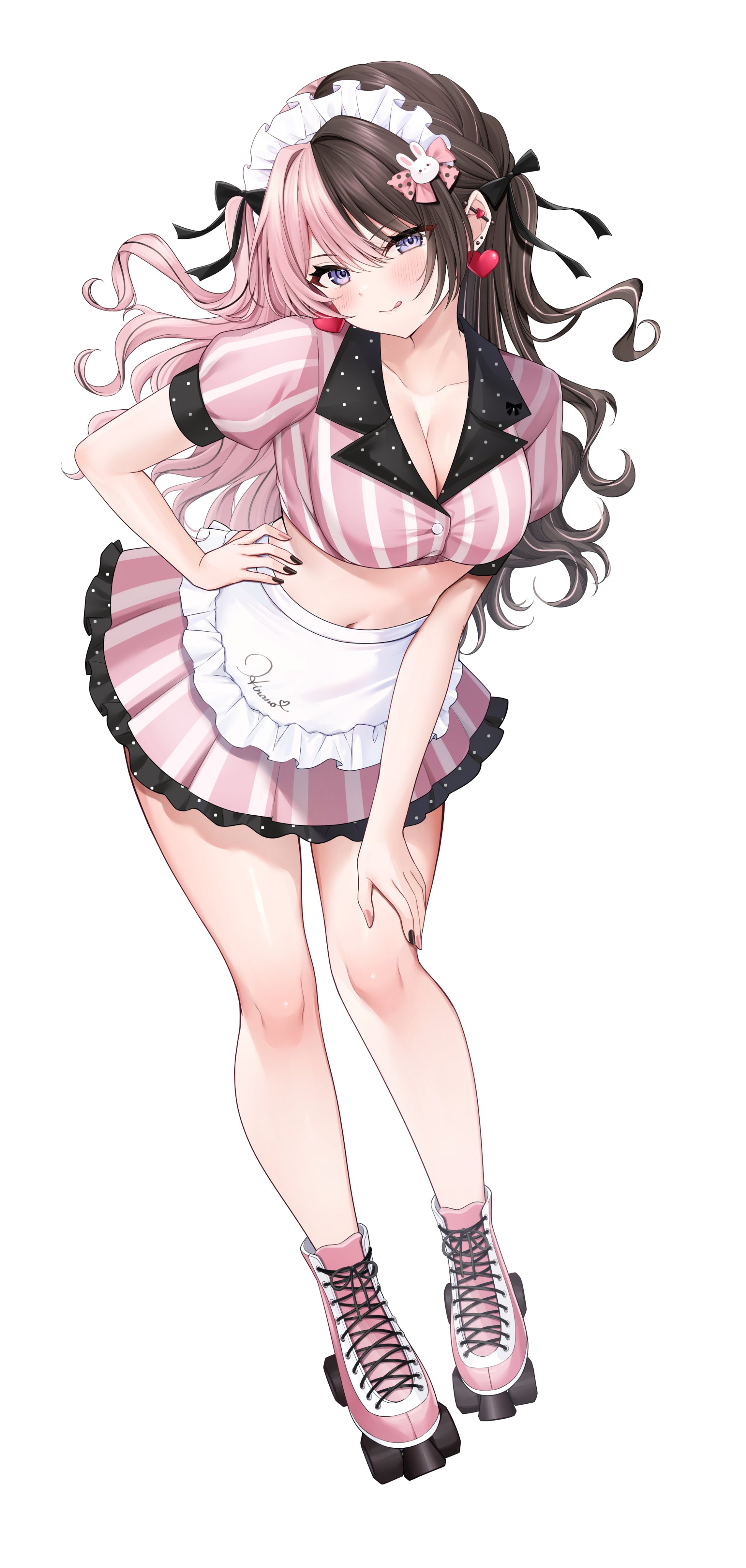 neko neneko, tachibana hinano, vspo!, absurdres, highres, 1girl, apron, black hair, black nails, breasts, cleavage, closed mouth, collared shirt, cropped shirt, full body, headdress, large breasts, leaning forward, long hair, looking at viewer, midriff, multicolored hair, navel, pink hair, pink nails, shirt, short sleeves, simple background, smile, solo, thighs, tongue, tongue out, two-tone hair, virtual youtuber, white apron, white background