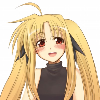 yuzun, fate testarossa, lyrical nanoha, mahou shoujo lyrical nanoha, mahou shoujo lyrical nanoha a's, mahou shoujo lyrical nanoha strikers, lowres, 00s, 1girl, ahoge, bare shoulders, blonde hair, blush, bow, female focus, hair bow, long hair, red eyes, simple background, solo, twintails, white background