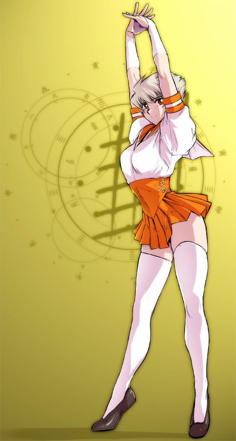 ez6, original, 1girl, arms up, breasts, bridal gauntlets, female focus, full body, large breasts, miniskirt, own hands clasped, own hands together, red eyes, school uniform, serafuku, shoes, short hair, skirt, solo, stretching, thighhighs, white hair, white thighhighs, zettai ryouiki