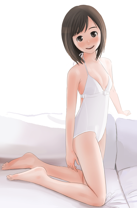 kokudou juunigou, bad id, bad pixiv id, 1girl, bare arms, barefoot, blush, brown eyes, brown hair, child, feet, female focus, flat chest, full body, kneeling, looking at viewer, one-piece swimsuit, short hair, smile, soles, solo, swimsuit