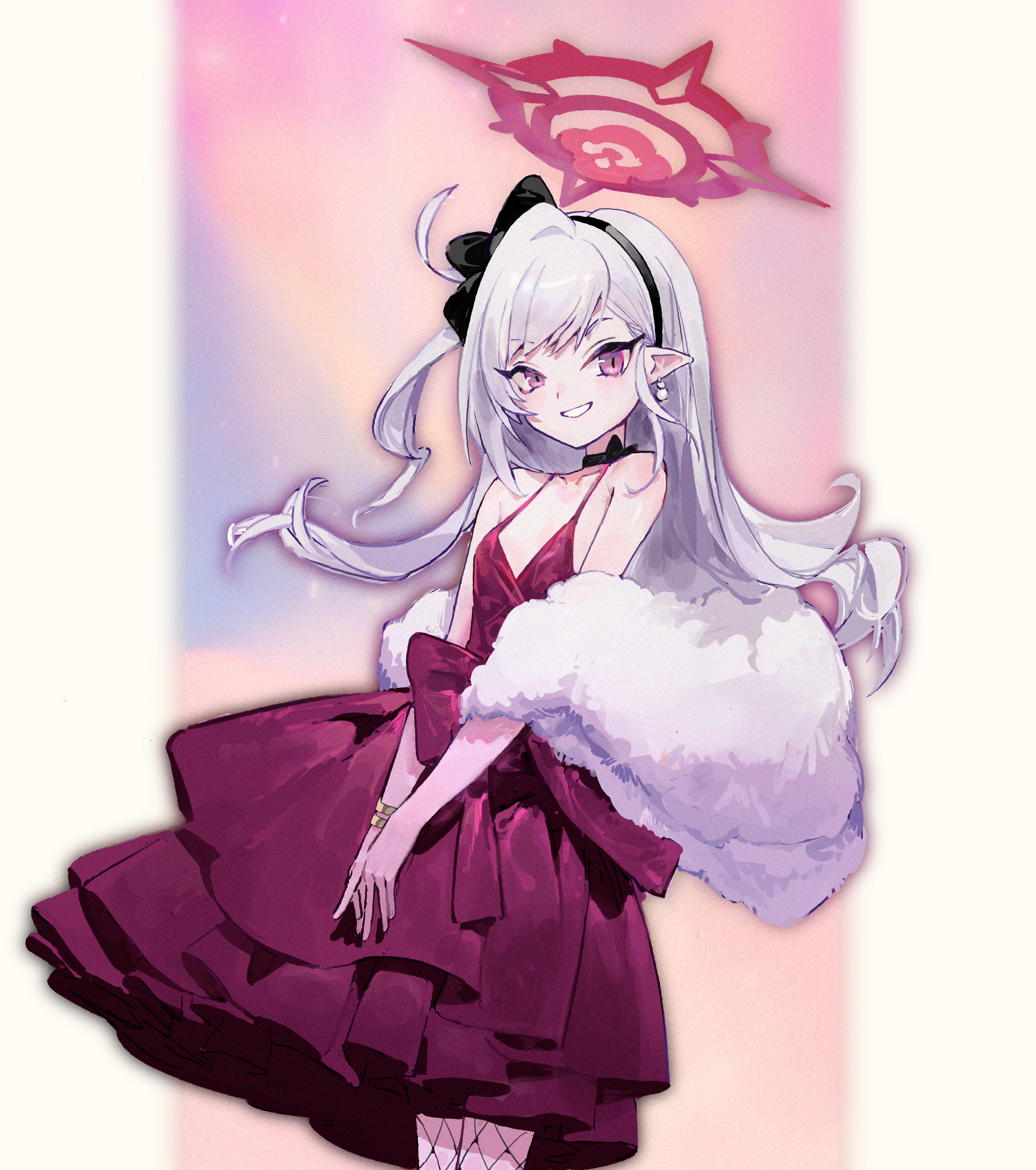 iomywaifu, mutsuki (blue archive), blue archive, absurdres, commentary, highres, 1girl, breasts, dress, halo, long hair, looking at viewer, pointy ears, red dress, red eyes, red halo, small breasts, solo, standing, white hair