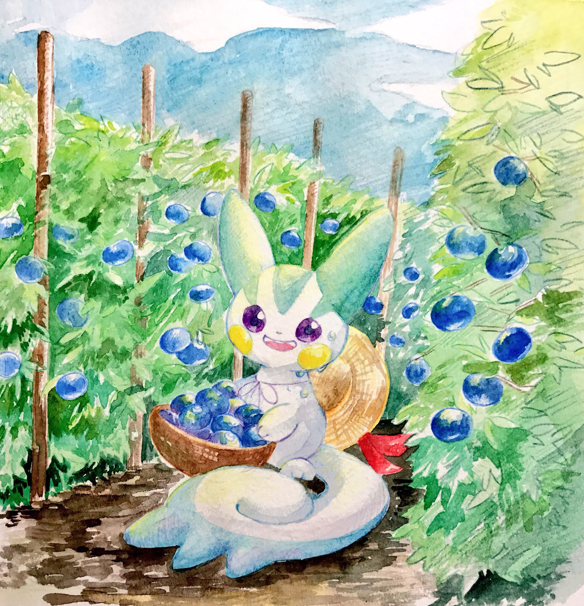mint nappa, pachirisu, nintendo, pokemon, highres, painting (medium), traditional media, watercolor (medium), basket, berry (pokemon), bush, day, farming, gen 4 pokemon, hat on back, holding, holding basket, looking at viewer, no humans, open mouth, oran berry, outdoors, pokemon (creature), purple eyes, solo