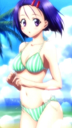takami akio, sairenji haruna, to love-ru, anime screenshot, lowres, stitched, third-party edit, 00s, 1girl, beach, bikini, blush, cloud, day, female focus, looking at viewer, outdoors, side-tie bikini bottom, sky, solo, standing, striped bikini, striped clothes, swimsuit, vertical-striped bikini, vertical-striped clothes
