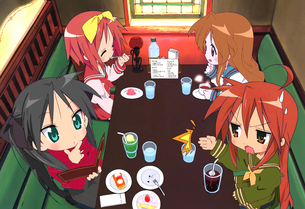 asahina mikuru, kamigishi akari, shana, tohsaka rin, fate/stay night, fate (series), lucky star, shakugan no shana, suzumiya haruhi no yuuutsu, to heart, to heart (series), third-party edit, 00s, 4girls, bow, eating, food, multiple girls, red hair, restaurant, yellow bow
