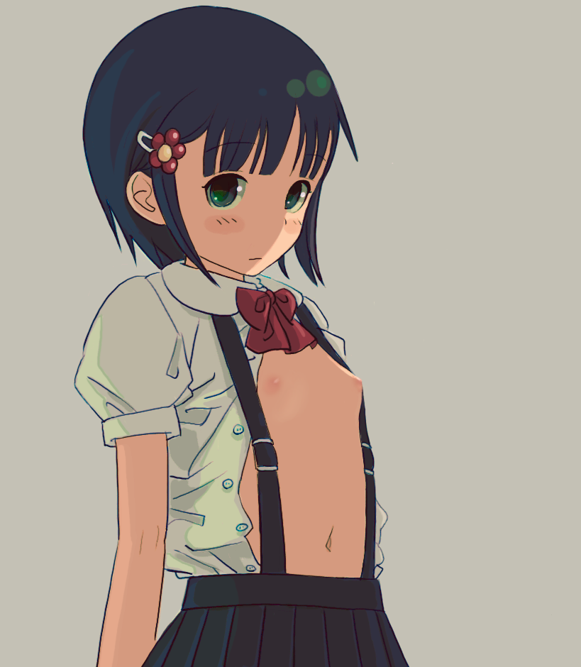 kokudou juunigou, bad id, 1girl, blush, breasts, female focus, flat chest, hair ornament, hairpin, loli, navel, nipples, no bra, open clothes, open shirt, shirt, short hair, solo, strap, suspenders