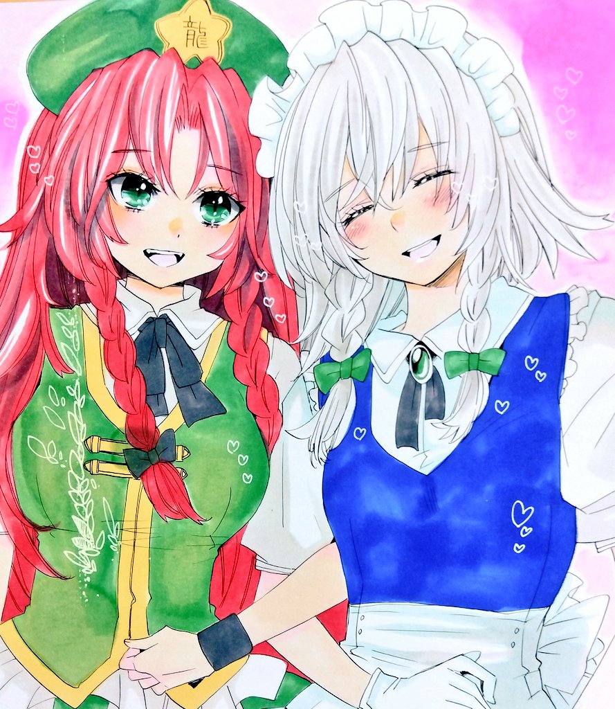 matsuppoi, hong meiling, izayoi sakuya, touhou, 2girls, beret, braid, closed eyes, collared shirt, green eyes, hat, maid headdress, multiple girls, red eyes, shirt, short sleeves, side-by-side, twin braids, white hair