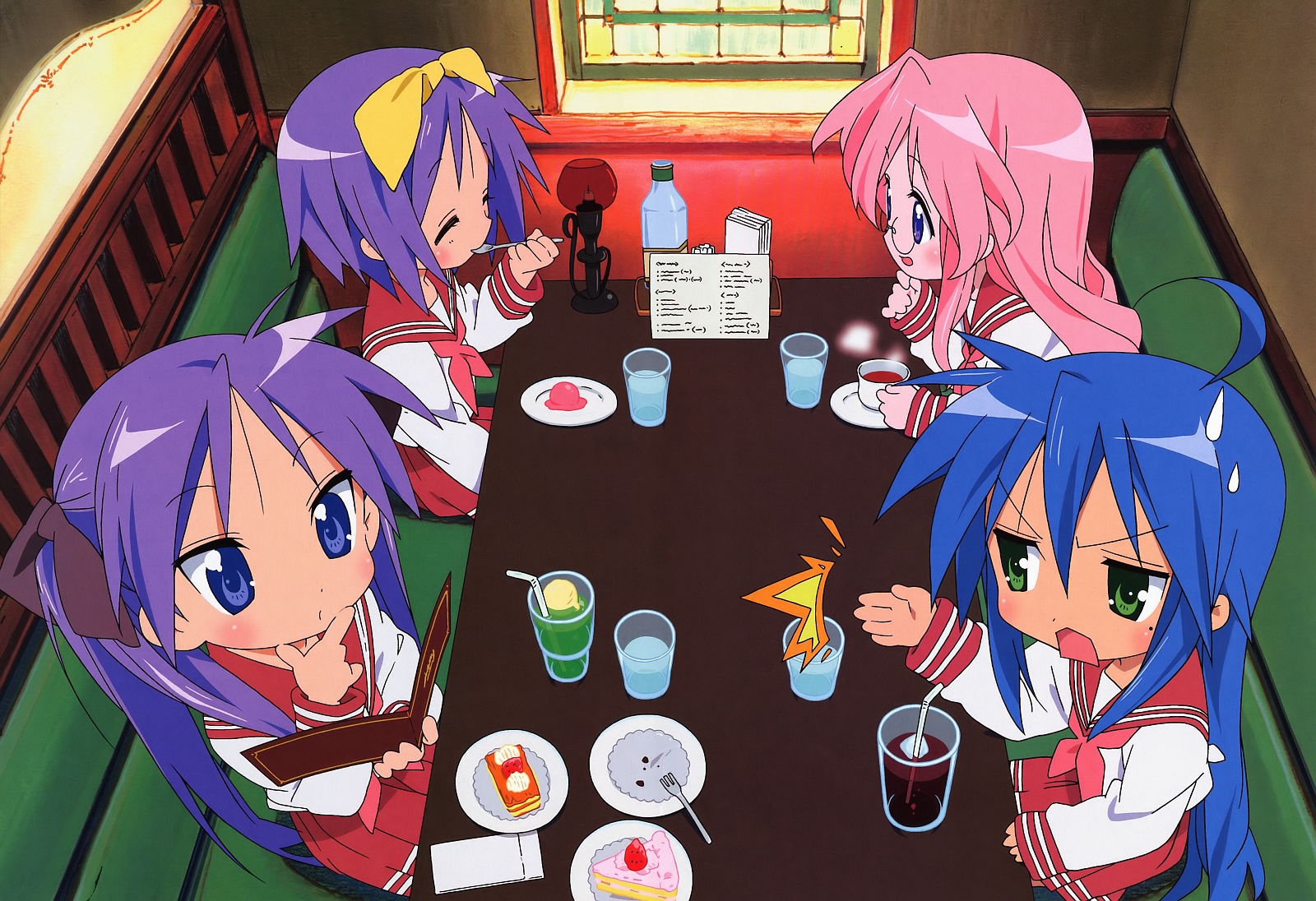 hiiragi kagami, hiiragi tsukasa, izumi konata, takara miyuki, lucky star, highres, 00s, 4girls, antenna hair, blue eyes, blue hair, blush, closed eyes, eating, food, glasses, green eyes, hair ribbon, hairband, long hair, mole, mole under eye, multiple girls, open mouth, pink hair, purple eyes, purple hair, restaurant, school uniform, short hair, sisters, sitting, tongue, twins, twintails, very long hair