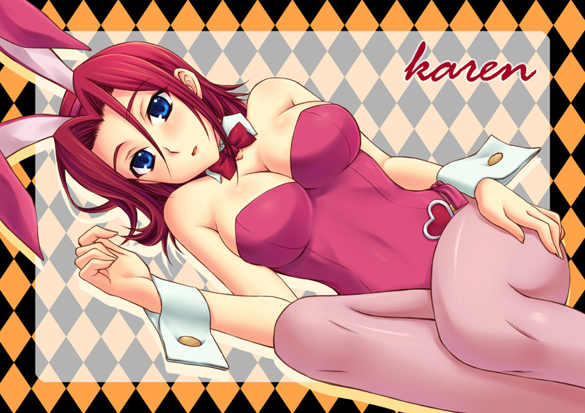 kouzuki kallen, code geass, 00s, animal ears, fake animal ears, leotard, lying, pantyhose, pink pantyhose, playboy bunny, rabbit ears, solo