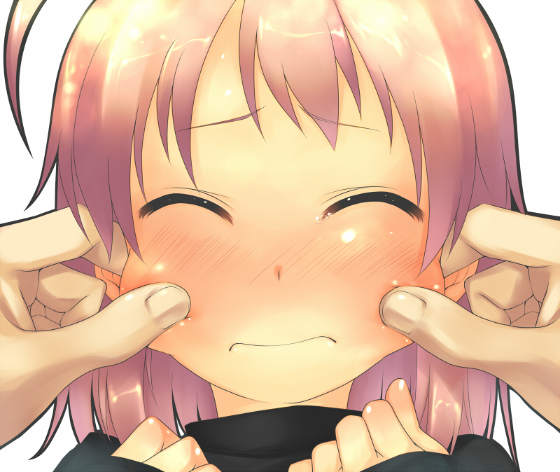 midori no ruupe, original, 1girl, blush, cheek pinching, closed eyes, pinching, pink hair, short hair, solo focus, tears, turtleneck