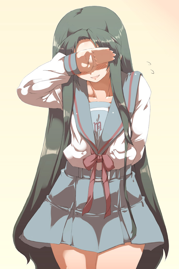 tokyo (great akuta), tsuruya, suzumiya haruhi no yuuutsu, 00s, 1girl, arm behind back, belt, blush, covering face, covering privates, female focus, green hair, long hair, school uniform, serafuku, simple background, skirt, solo, very long hair, yellow background